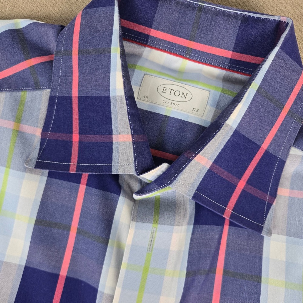 Eton Classic Fit Plaid Button Down Shirt Mens 17.5 44 Navy Blue Pink Green